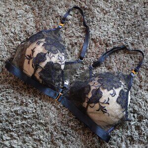 Bordelle Amaya Soft Triangle Bra Blue Navy Blk floral embroidered 24k Large NWOT